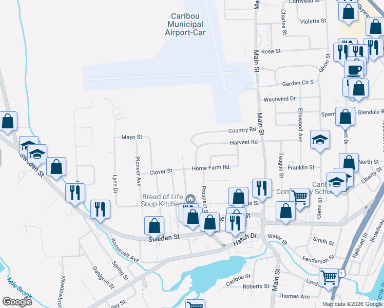 map of restaurants, bars, coffee shops, grocery stores, and more near 57 Harvest Road in Caribou