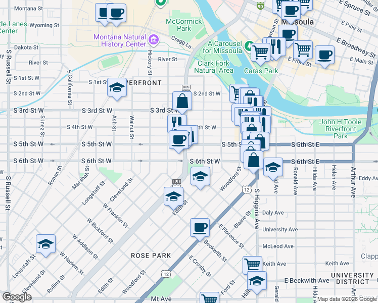 map of restaurants, bars, coffee shops, grocery stores, and more near 710 South Orange Street in Missoula