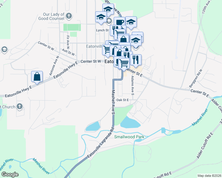 map of restaurants, bars, coffee shops, grocery stores, and more near 219 Mashell Avenue South in Eatonville