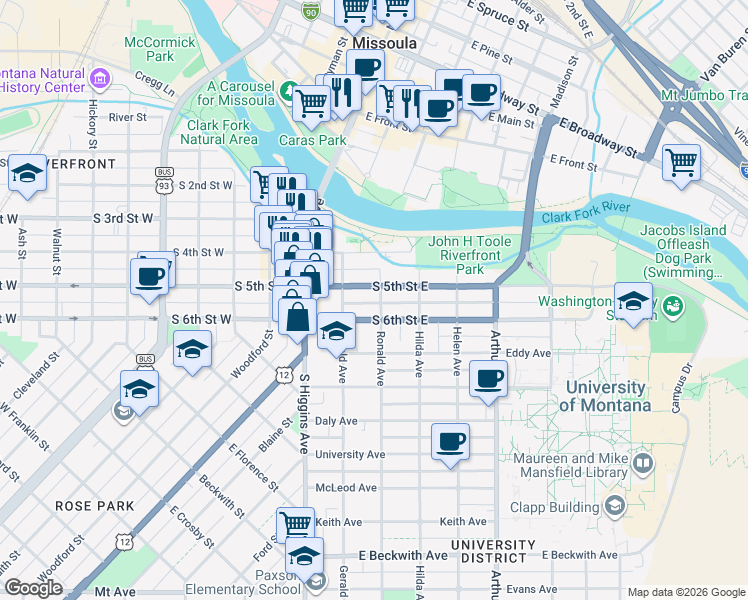 map of restaurants, bars, coffee shops, grocery stores, and more near 703 Ronald Avenue in Missoula