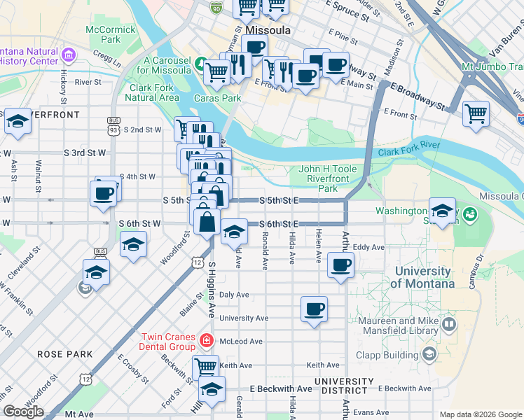 map of restaurants, bars, coffee shops, grocery stores, and more near 701 Ronald Avenue in Missoula