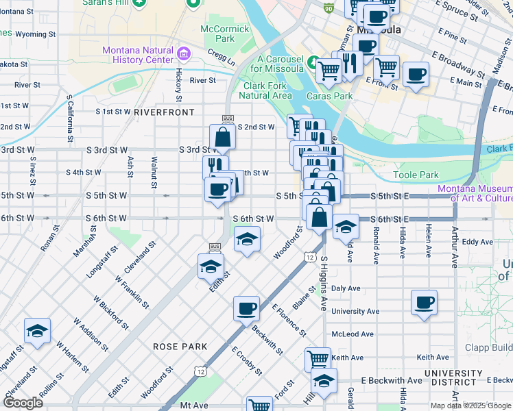 map of restaurants, bars, coffee shops, grocery stores, and more near 336 South 6th Street East in Missoula