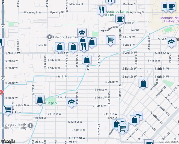 map of restaurants, bars, coffee shops, grocery stores, and more near 718 S Garfield St in Missoula