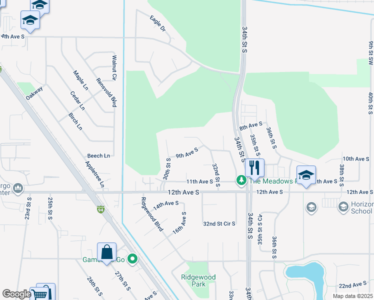 map of restaurants, bars, coffee shops, grocery stores, and more near 3128 9th Avenue South in Moorhead