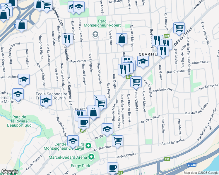 map of restaurants, bars, coffee shops, grocery stores, and more near 22 Rue Doyon in Ville de Québec