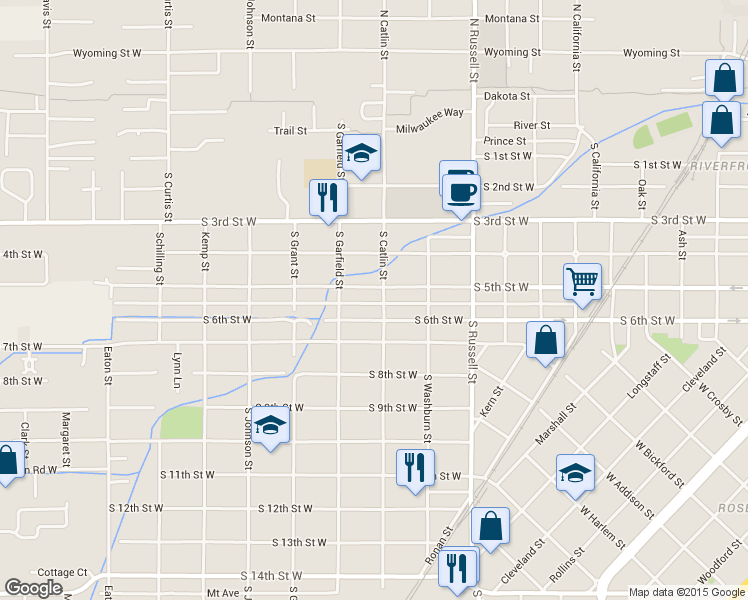 map of restaurants, bars, coffee shops, grocery stores, and more near 703 South Catlin Street in Missoula