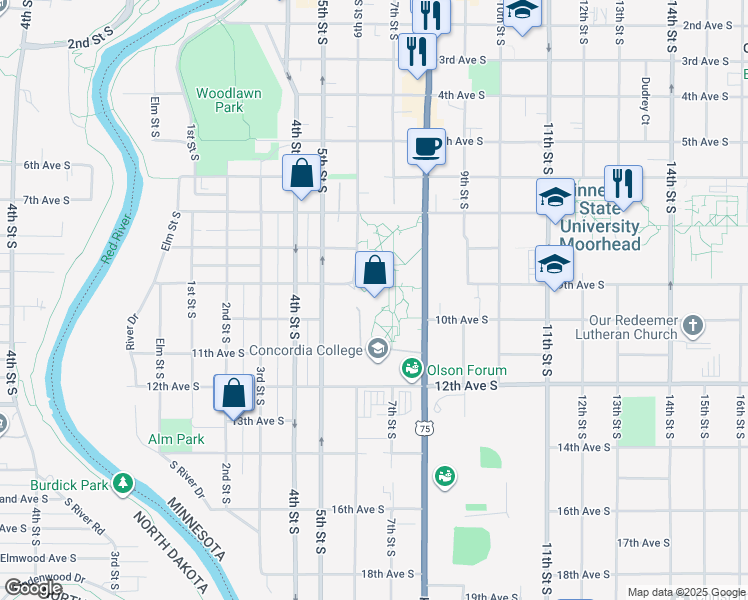 map of restaurants, bars, coffee shops, grocery stores, and more near in Moorhead