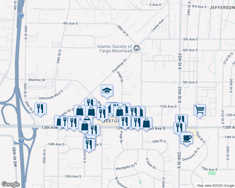 map of restaurants, bars, coffee shops, grocery stores, and more near 925 Page Drive in Fargo