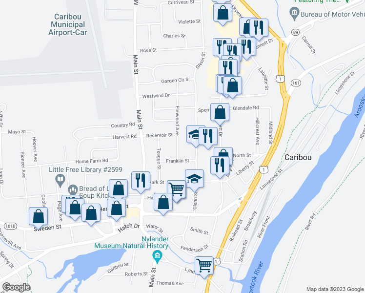 map of restaurants, bars, coffee shops, grocery stores, and more near 13 Elmwood Avenue in Caribou