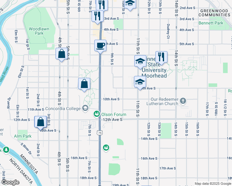 map of restaurants, bars, coffee shops, grocery stores, and more near 826 10th Avenue South in Moorhead