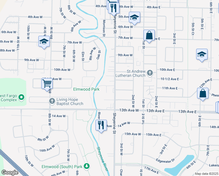 map of restaurants, bars, coffee shops, grocery stores, and more near 1100 Sheyenne Street in West Fargo