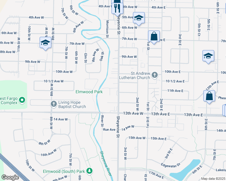 map of restaurants, bars, coffee shops, grocery stores, and more near 1100 Sheyenne Street in West Fargo