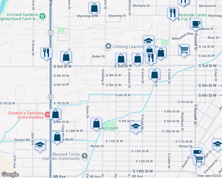 map of restaurants, bars, coffee shops, grocery stores, and more near 711 Kemp Street in Missoula