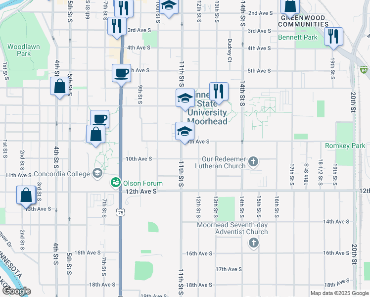 map of restaurants, bars, coffee shops, grocery stores, and more near 909 12th Street South in Moorhead