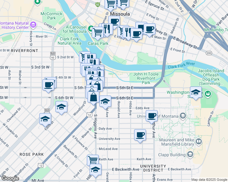 map of restaurants, bars, coffee shops, grocery stores, and more near 225 South 5th Street East in Missoula