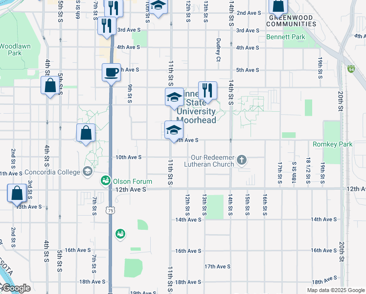 map of restaurants, bars, coffee shops, grocery stores, and more near 909 12th Street South in Moorhead