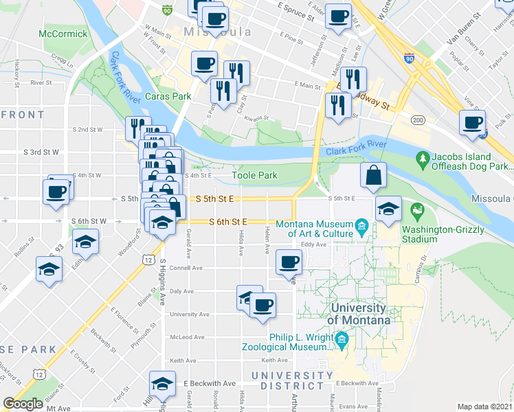map of restaurants, bars, coffee shops, grocery stores, and more near 425 South 5th Street in Missoula