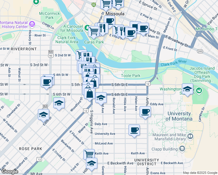 map of restaurants, bars, coffee shops, grocery stores, and more near in Missoula