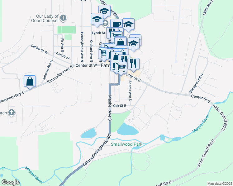 map of restaurants, bars, coffee shops, grocery stores, and more near 219 Mashell Avenue South in Eatonville