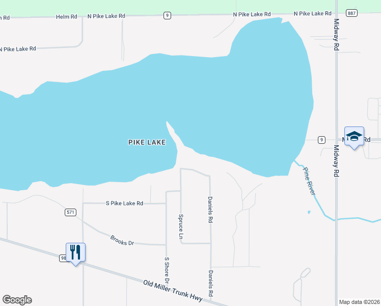 map of restaurants, bars, coffee shops, grocery stores, and more near 5785 South Pike Lake Road in Duluth