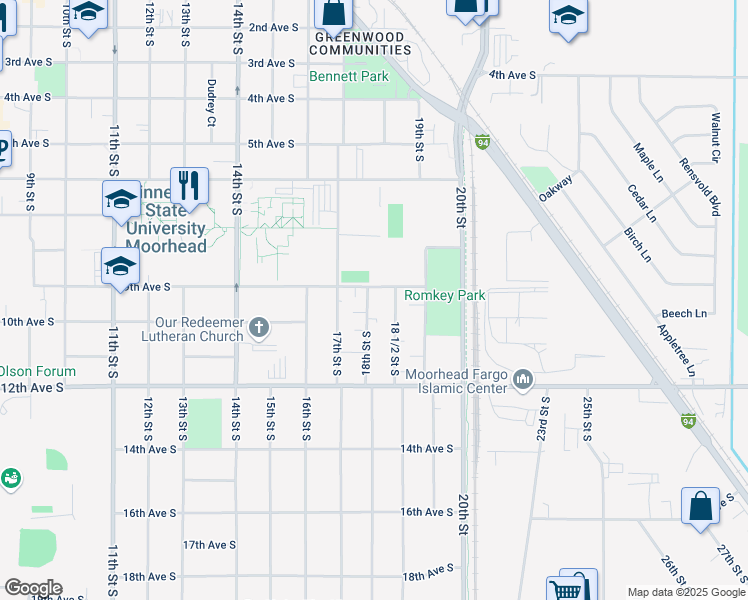 map of restaurants, bars, coffee shops, grocery stores, and more near 912 18th Street South in Moorhead
