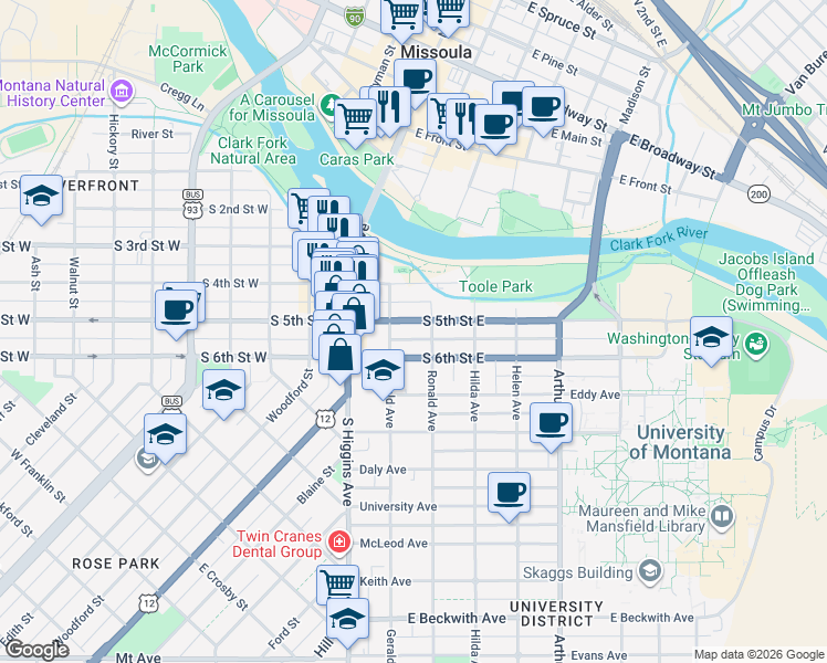 map of restaurants, bars, coffee shops, grocery stores, and more near in Missoula