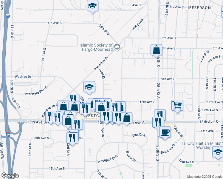 map of restaurants, bars, coffee shops, grocery stores, and more near in Fargo