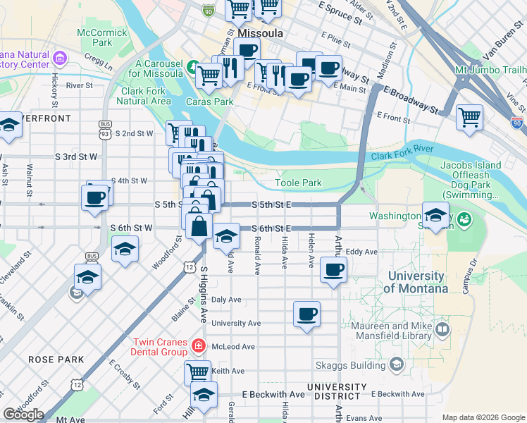 map of restaurants, bars, coffee shops, grocery stores, and more near 701 Ronald Avenue in Missoula