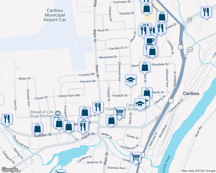map of restaurants, bars, coffee shops, grocery stores, and more near 27 Teague Street in Caribou