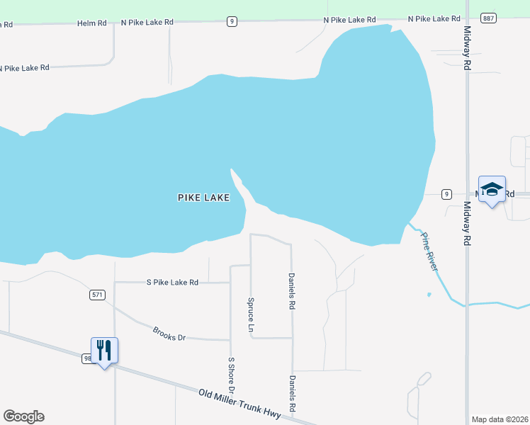 map of restaurants, bars, coffee shops, grocery stores, and more near 5785 South Pike Lake Road in Duluth