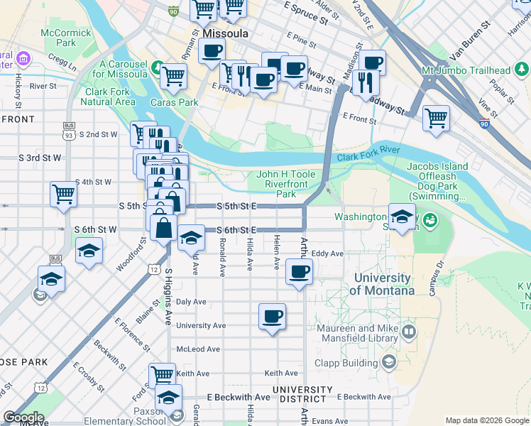 map of restaurants, bars, coffee shops, grocery stores, and more near 715 Helen Avenue in Missoula