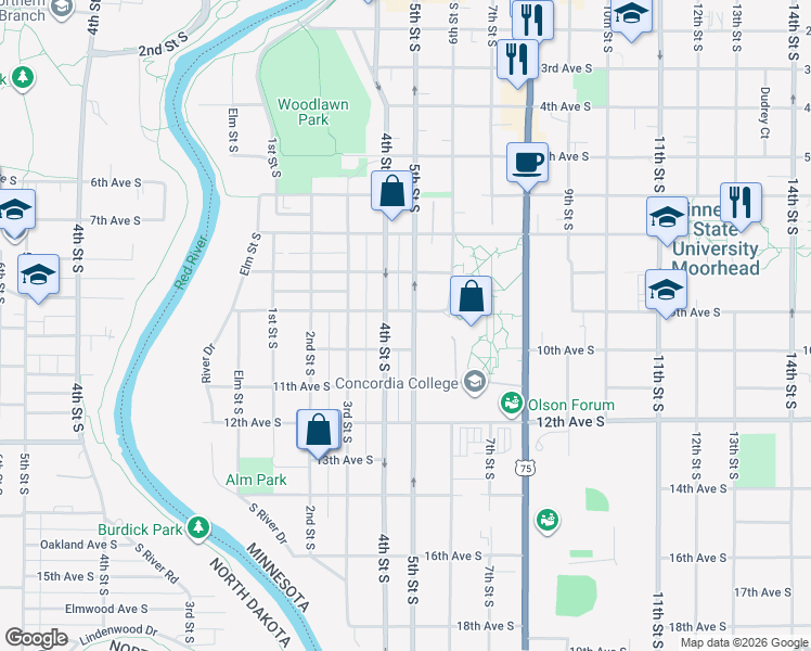 map of restaurants, bars, coffee shops, grocery stores, and more near 909 5th Street South in Moorhead