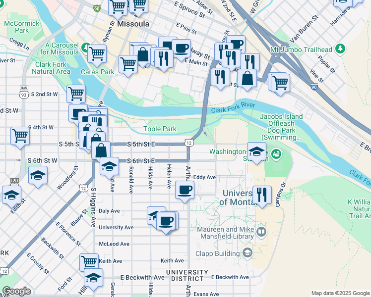 map of restaurants, bars, coffee shops, grocery stores, and more near 529 South 5th Street East in Missoula