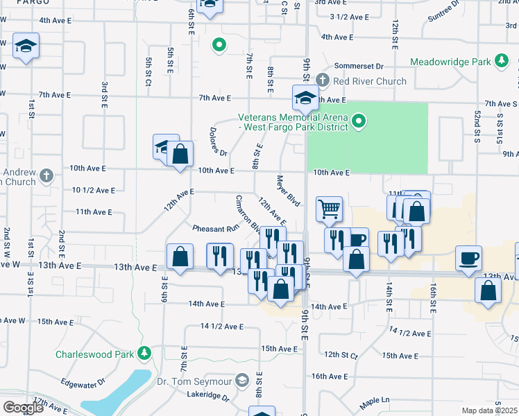 map of restaurants, bars, coffee shops, grocery stores, and more near 1231 Cimarron Boulevard in West Fargo