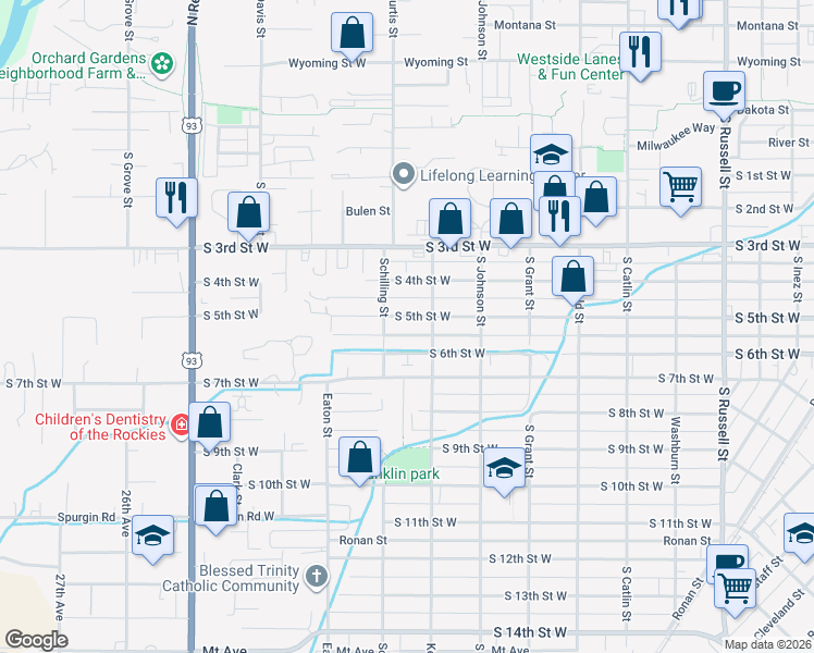 map of restaurants, bars, coffee shops, grocery stores, and more near 720 Schilling Street in Missoula