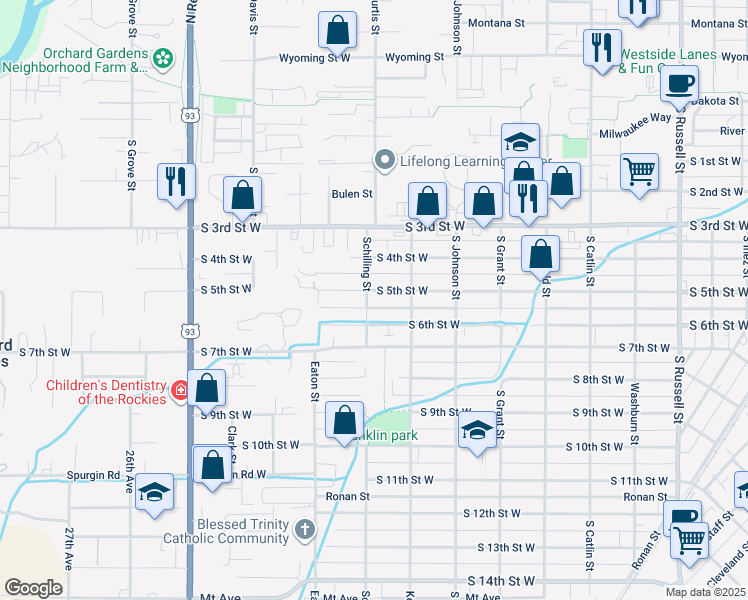 map of restaurants, bars, coffee shops, grocery stores, and more near 720 Schilling Street in Missoula