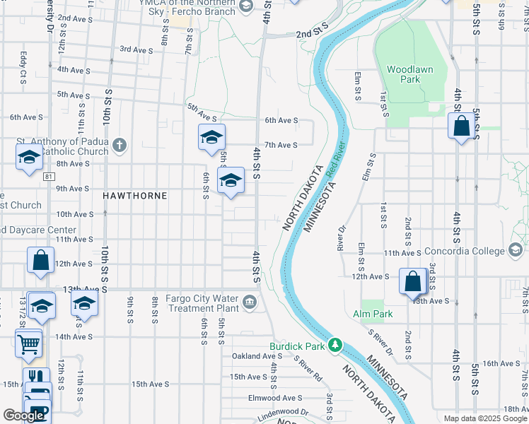 map of restaurants, bars, coffee shops, grocery stores, and more near 1001 4th Street South in Fargo
