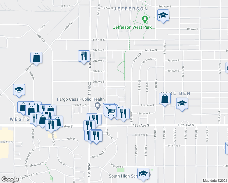 map of restaurants, bars, coffee shops, grocery stores, and more near 1100 22nd Street South in Fargo