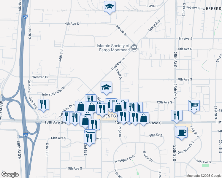 map of restaurants, bars, coffee shops, grocery stores, and more near 1128 Westrac Drive in Fargo