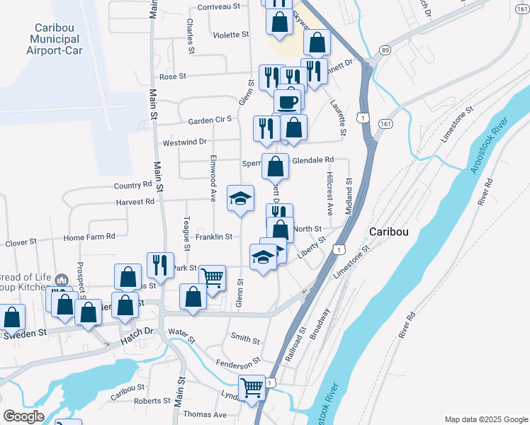map of restaurants, bars, coffee shops, grocery stores, and more near 59 Glenn Street in Caribou