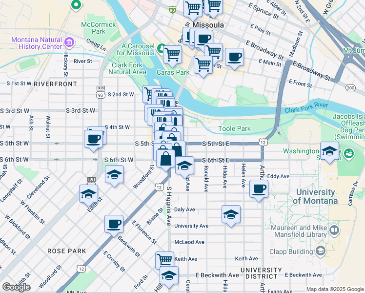 map of restaurants, bars, coffee shops, grocery stores, and more near 135 South 5th Street East in Missoula