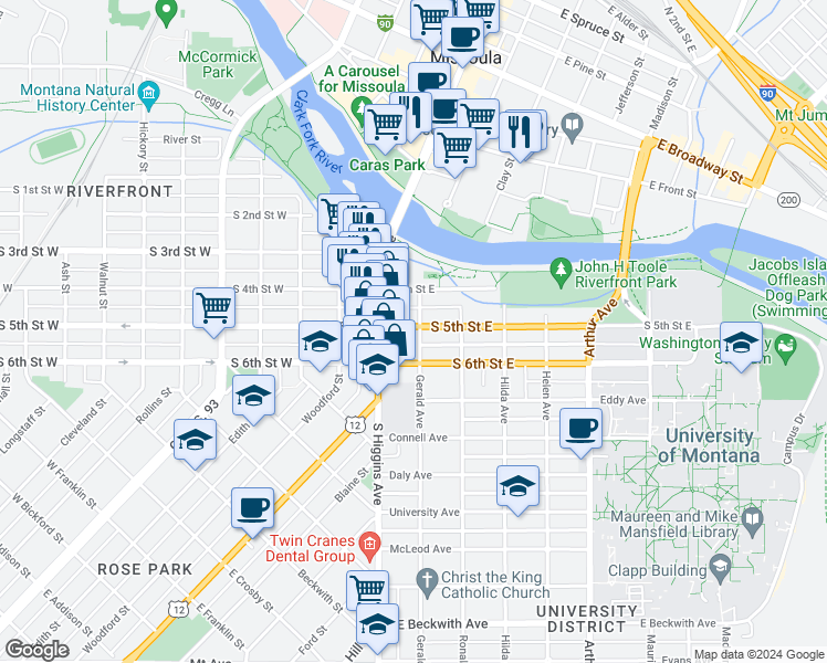 map of restaurants, bars, coffee shops, grocery stores, and more near 141 South 5th Street East in Missoula