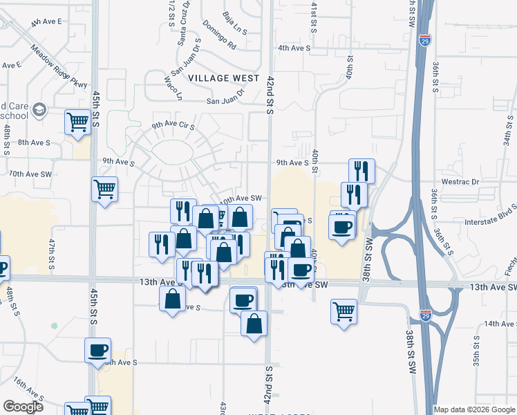 map of restaurants, bars, coffee shops, grocery stores, and more near 1001 42nd Street South in Fargo