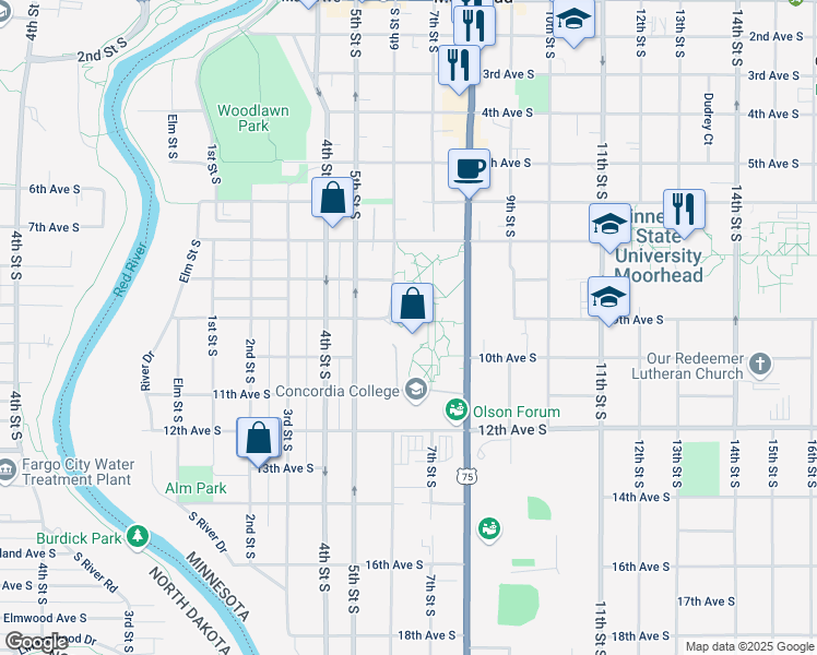 map of restaurants, bars, coffee shops, grocery stores, and more near 901 8th Street South in Moorhead