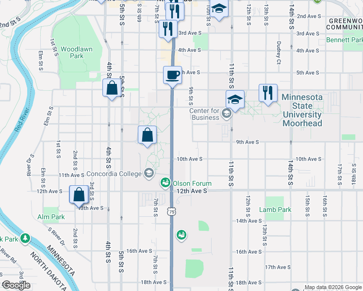 map of restaurants, bars, coffee shops, grocery stores, and more near 826 10th Avenue South in Moorhead