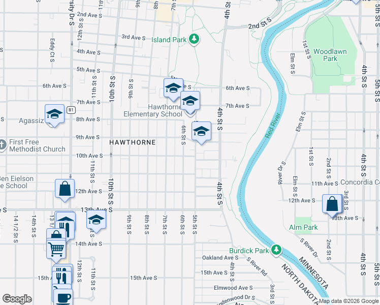 map of restaurants, bars, coffee shops, grocery stores, and more near 1001 6th Street South in Fargo