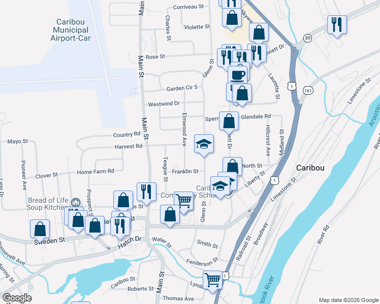 map of restaurants, bars, coffee shops, grocery stores, and more near 13 Elmwood Avenue in Caribou