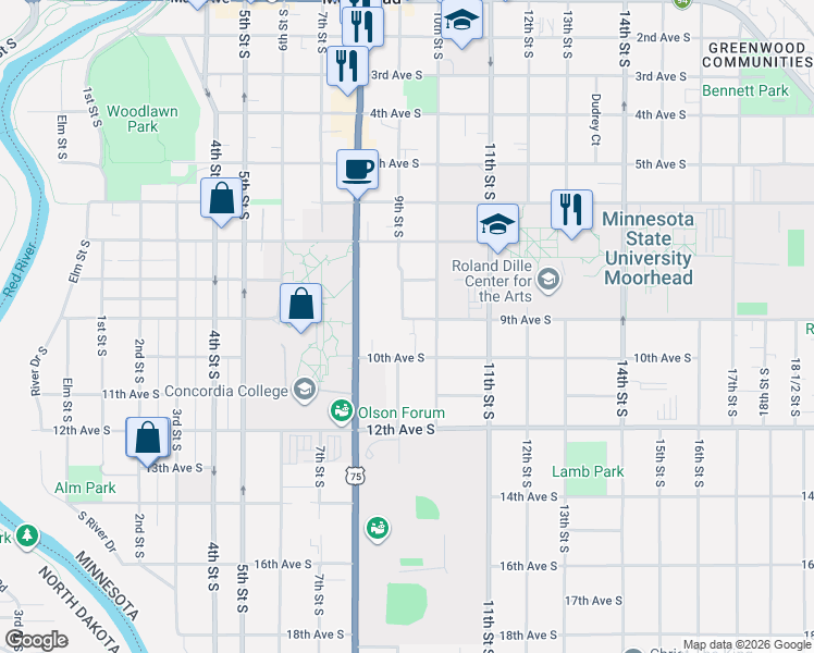 map of restaurants, bars, coffee shops, grocery stores, and more near 901 9th Avenue South in Moorhead