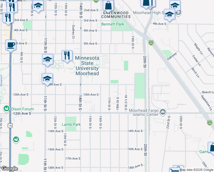 map of restaurants, bars, coffee shops, grocery stores, and more near 1621 9th Avenue South in Moorhead