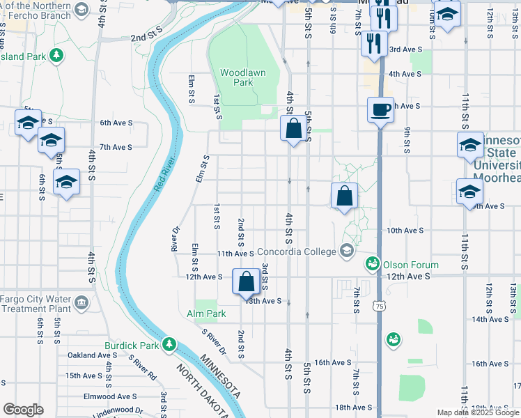 map of restaurants, bars, coffee shops, grocery stores, and more near 901 3rd Street South in Moorhead